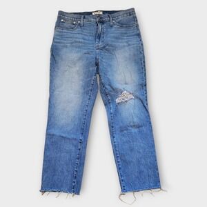 Madewell The Perfect Vintage Straight Jean 32 Medium Wash‎ Stretch Raw Hem Denim